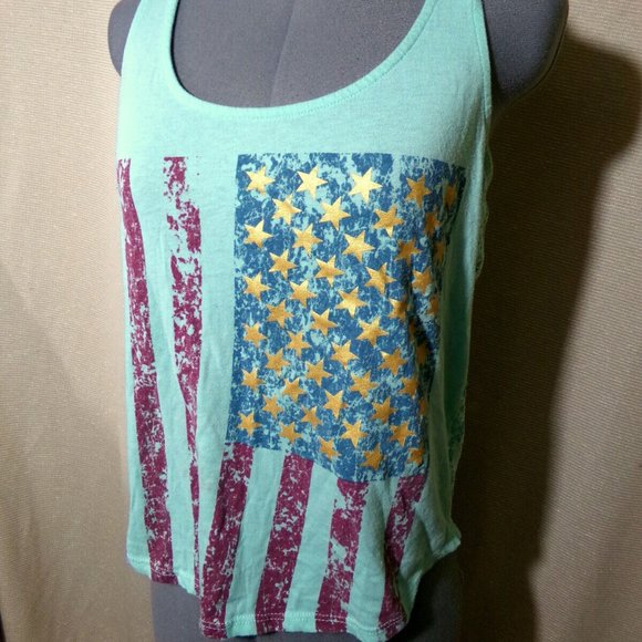 FREEZE Flag Crochet Lace trim Tank Top Jr. L Mint Green Sheer back Scoop neck - Picture 3 of 6